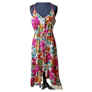 Hozoely Womens Floral Midi Sundress S Ruffle Hem Button Front Boho Vacay New